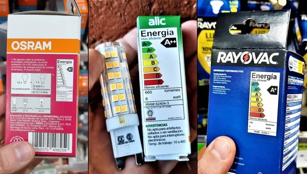 Las etiquetas normalizadas que indican el nivel de eficiencia de cada lamparita. Foto: Clarín
