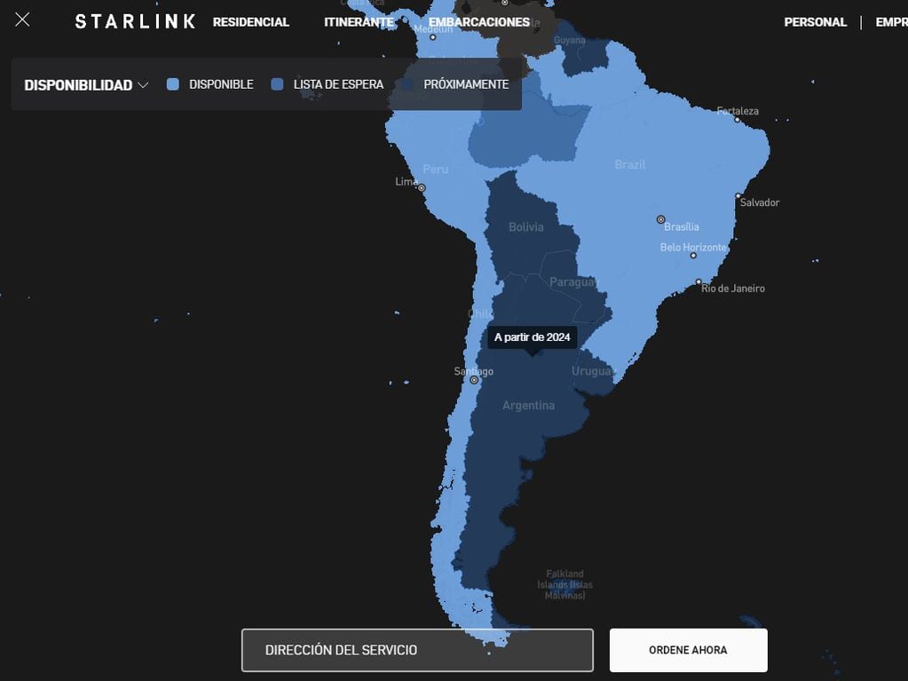 Disponibilidad actual de Starlink, servicio de internet satelital, en Sudamérica (Starlink.com)