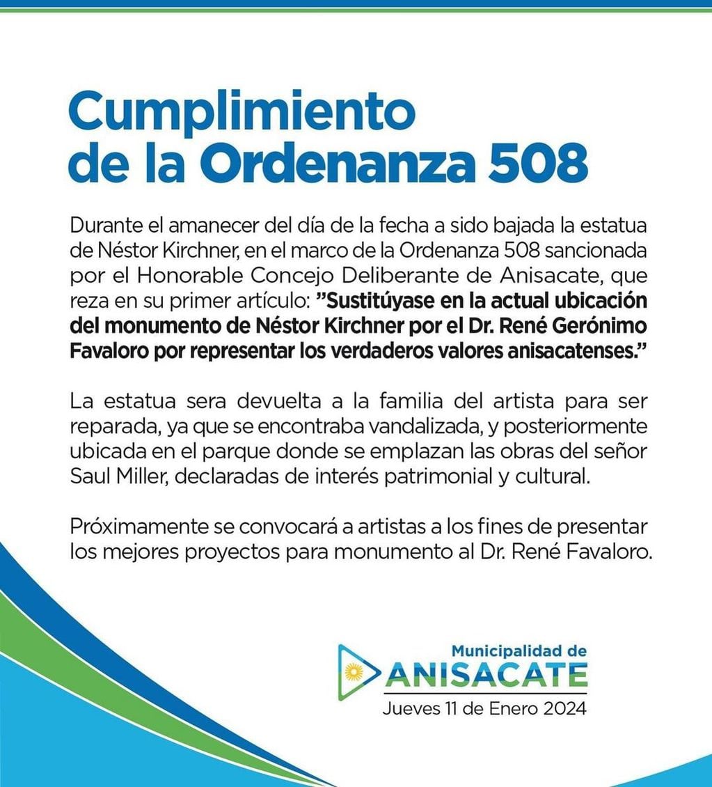 La Ordenanza con la cual se quitó la estatua de Néstor Kirchner. Foto: Instagram.