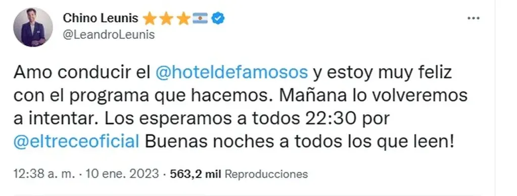El tuit de Leunis tras el debut del Hotel