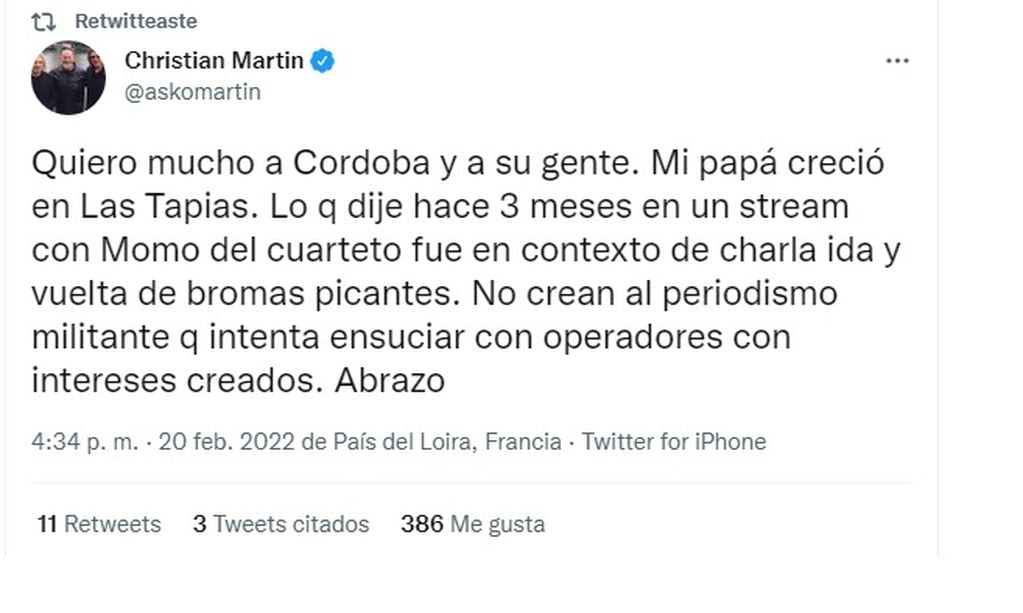 Christian Martin y su respuesta tras la polémica: “Quiero mucho a Córdoba y su gente”. (Captura Twitter).