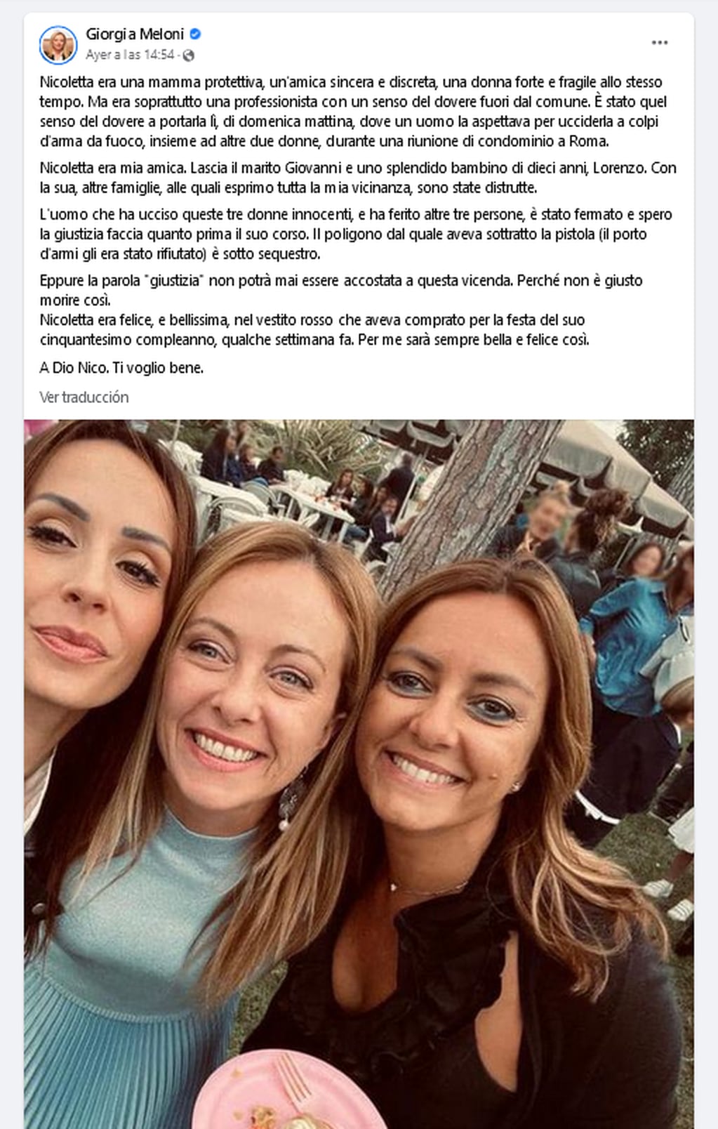 Nicoletta Golisano (derecha) fue una de las víctimas fatales en el tiroteo. Era amiga de Giorgia Meloni. Facebook