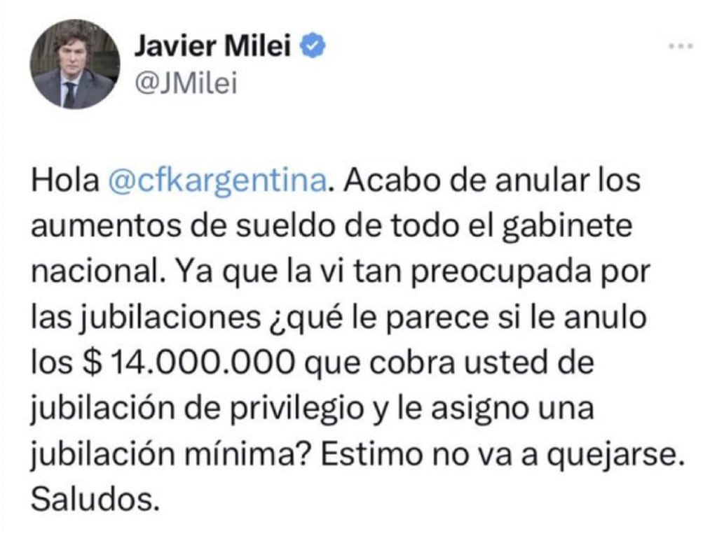 El tuit de Milei contra Cristina Kirchner.
