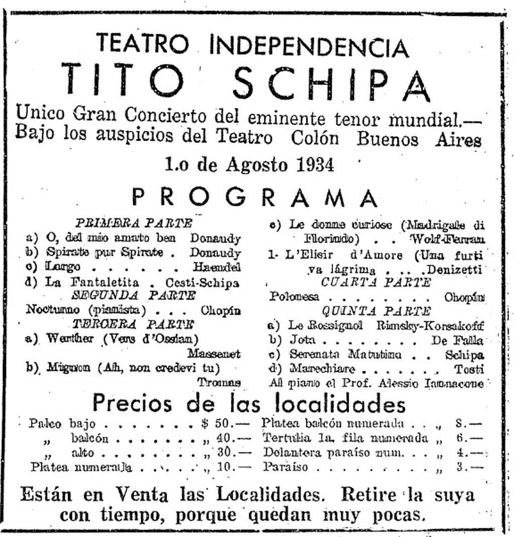 El diario publicitó el recital de Schipa en los días previos. 