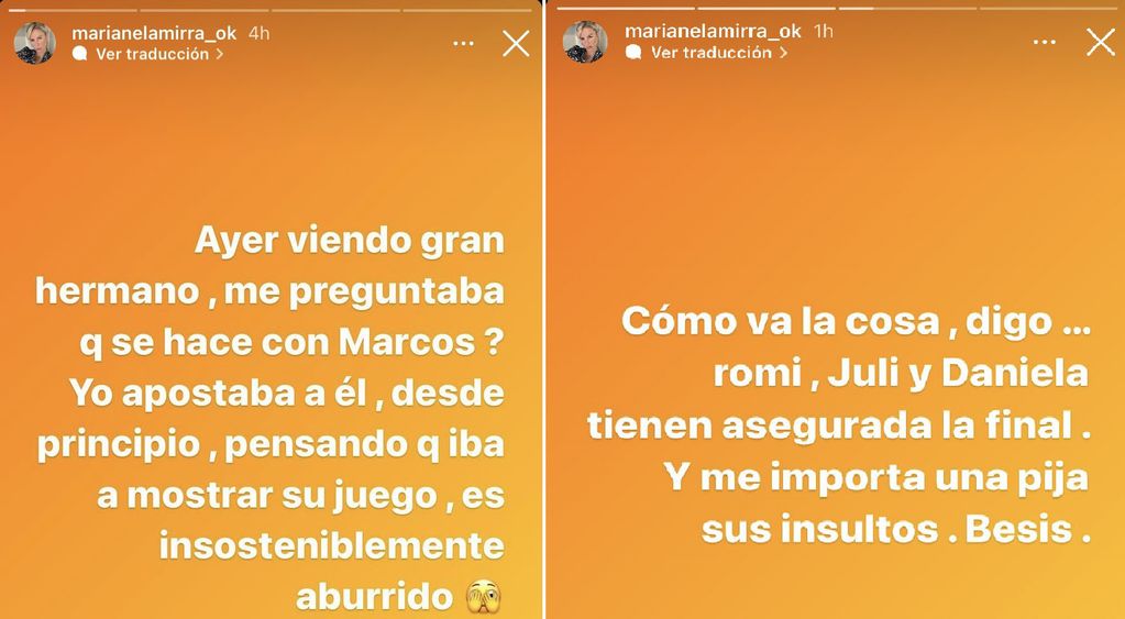 Marianela Mirra apuntó conta Marcos. (Captura Instagram Marianela Mirra)