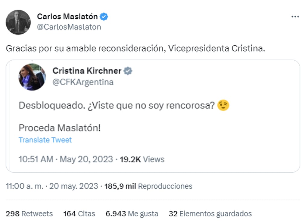 Cristina Kirchner desbloqueó a Maslatón de Twitter