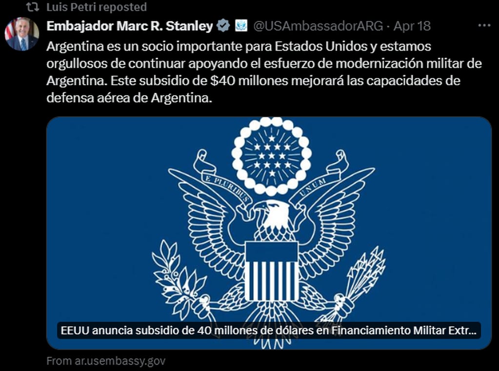 Marc Stanley, embajador de Estados Unidos en la Argentina, agradeció el vinculo entre ambos países. Captura: X / @luispetri