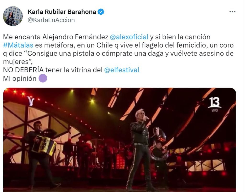 Críticas en las redes a Alejandro Fernández por parte de Karla Rubilar Barahona. Foto: Twitter