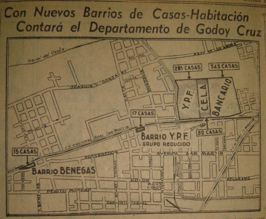 Plano de Villa Evita en que se observa la división interna del barrio. Fuente: Los Andes, 23 de mayo de 1949, pág. 7.                        