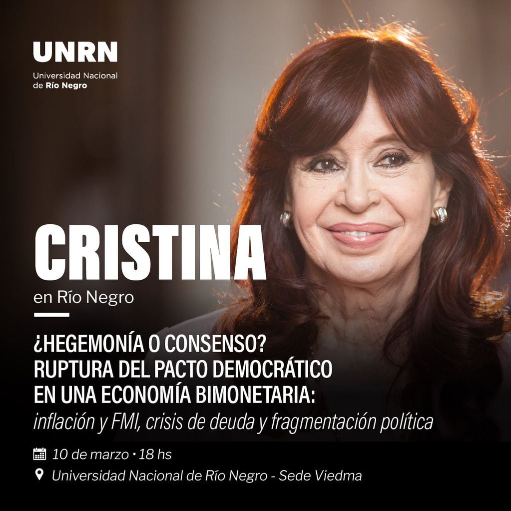 Cristina Kirchner recibirá un Doctorado Honoris Causa por la Universidad Nacional de Río Negro.