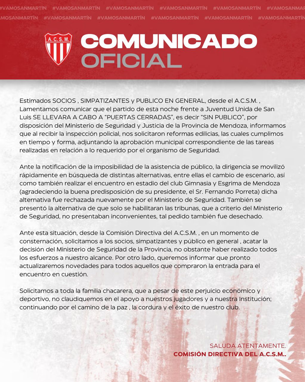El comunicado del Club Atlético San Martín por la suspensión del ingreso al público por parte del Ministerio de Seguridad.
