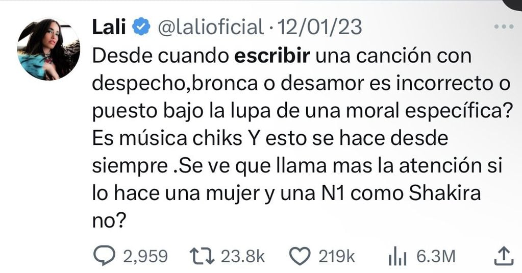 El día que Lali Espósito defendió a Shakira (Twitter / X)