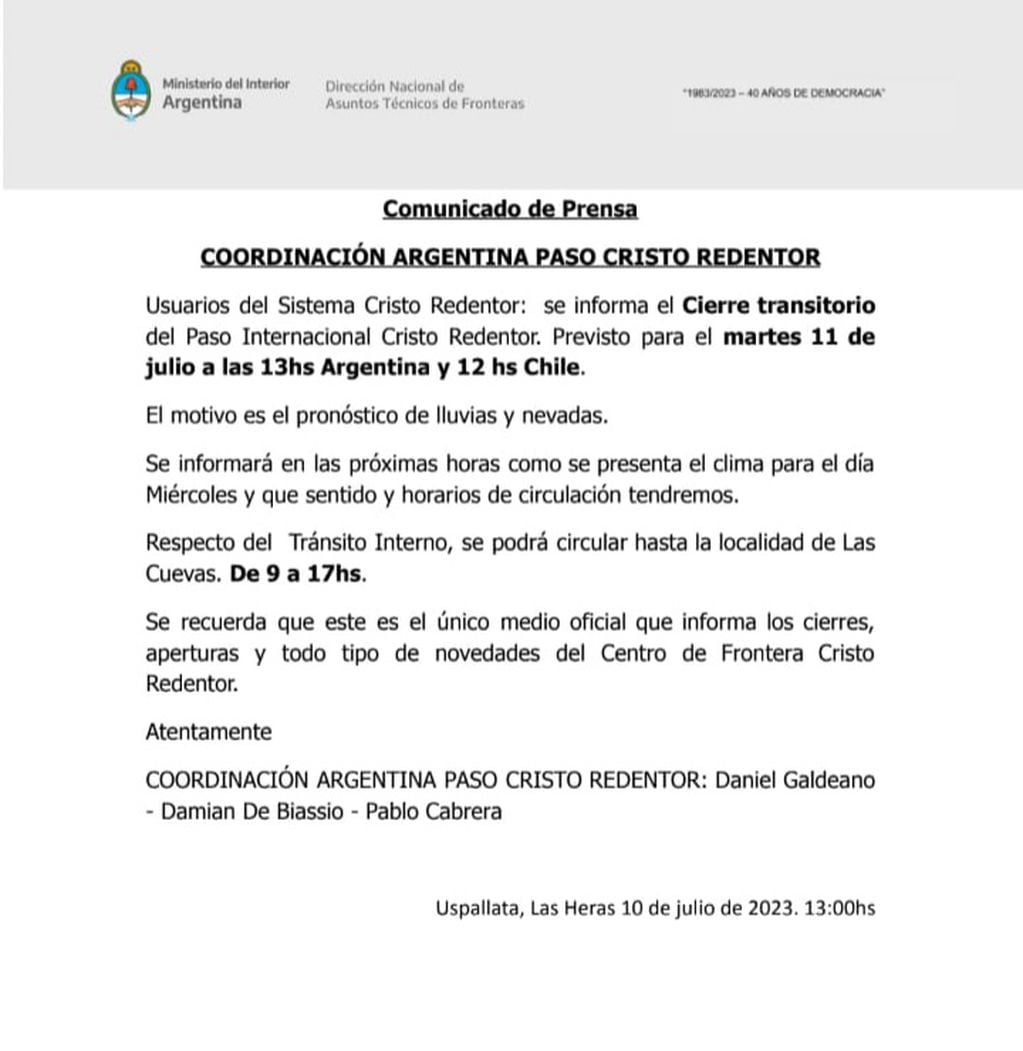 La coordinación argentina del Paso Cristo Redentor informó que este martes el túnel se cerrará.