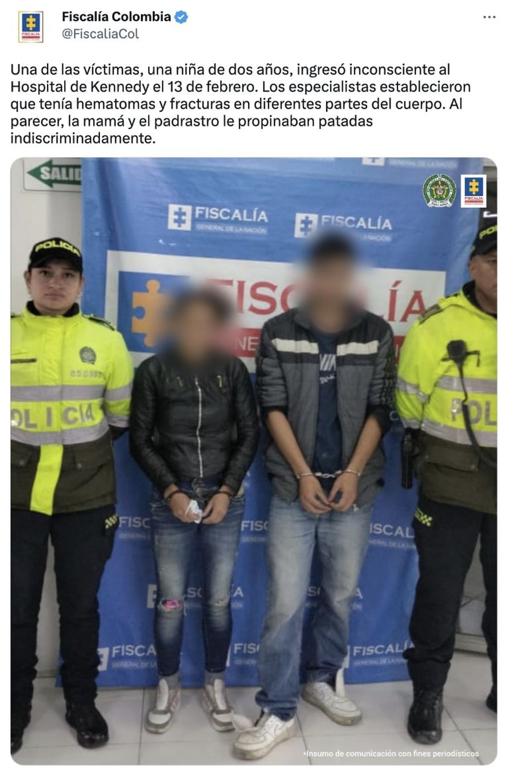 Un fiscal imputó a la pareja los delitos de tentativa de homicidio y violencia intrafamiliar, ambos casos agravados - Twitter Fiscalía de Colombia