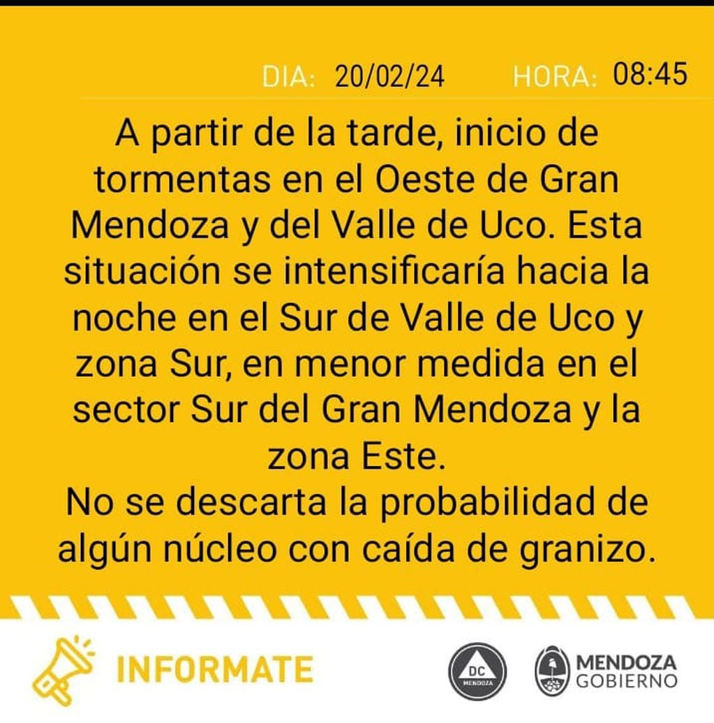 Alerta por tormentas con granizo en Mendoza (Defensa Civil)