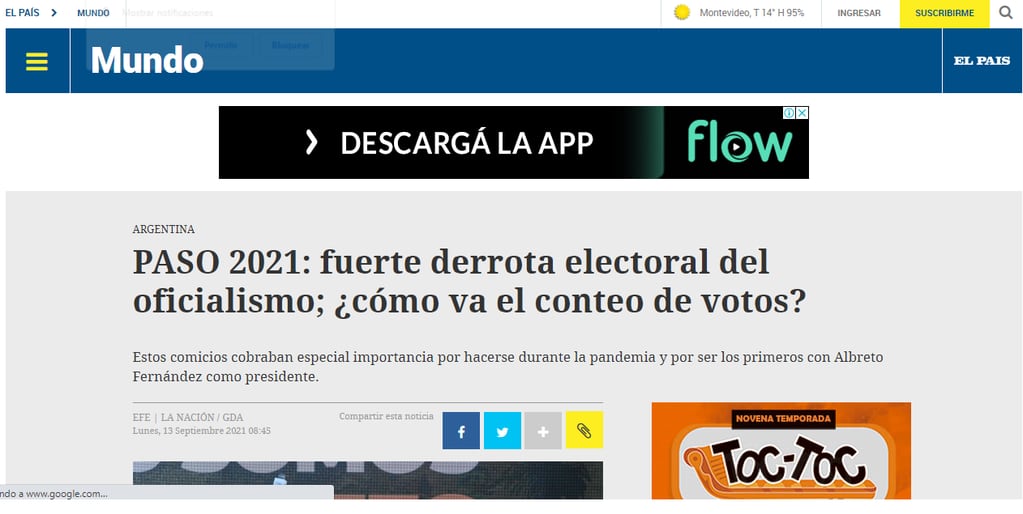 El País (Uruguay) también reflejó la derrota en su web. Foto: Captura Web.