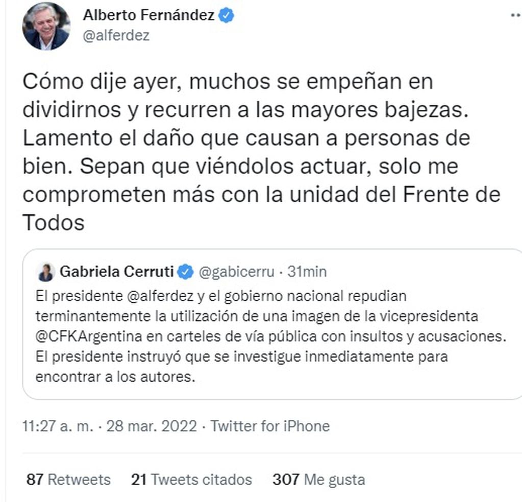 Días atrás, el propio Alberto Fernández repudió los insultos a Cristina Kirchner en la vía pública (Twitter)