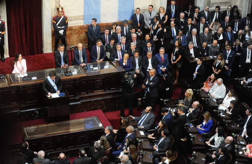 El presidente Javier Milei durante su discurso en la apertura del período de sesiones ordinarias en el Congreso. (Federico López Claro / La Voz)