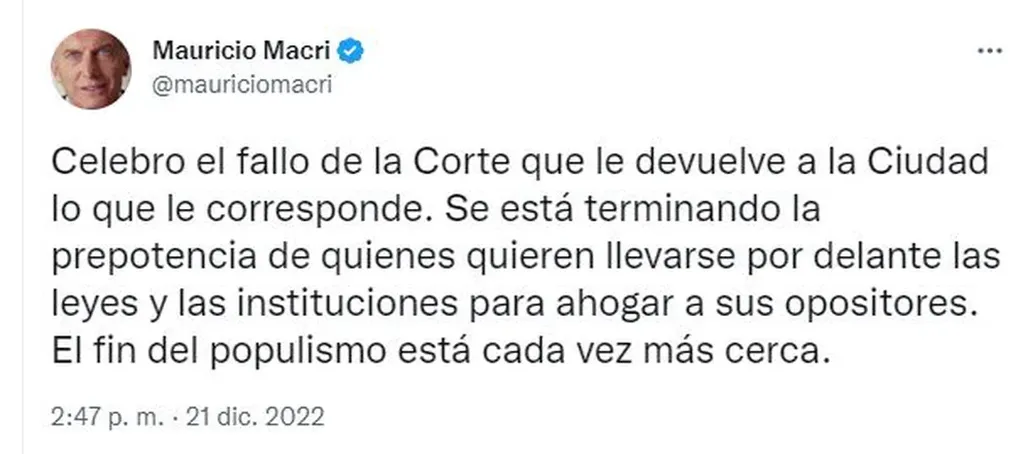 Mauricio Macri sobre el fallo de la Corte. Foto: Twitter/@mauriciomacri