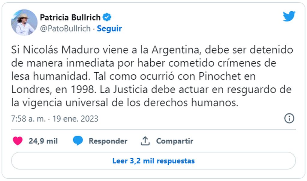 Las alarmas se accionaron formalmente en la Embajada de los Estados Unidos en Buenos Aires a partir de que Patricia Bullrich realizara una denuncia y una comunicación allí para que se accionaran los mecanismos necesarios para detener a Maduro. 