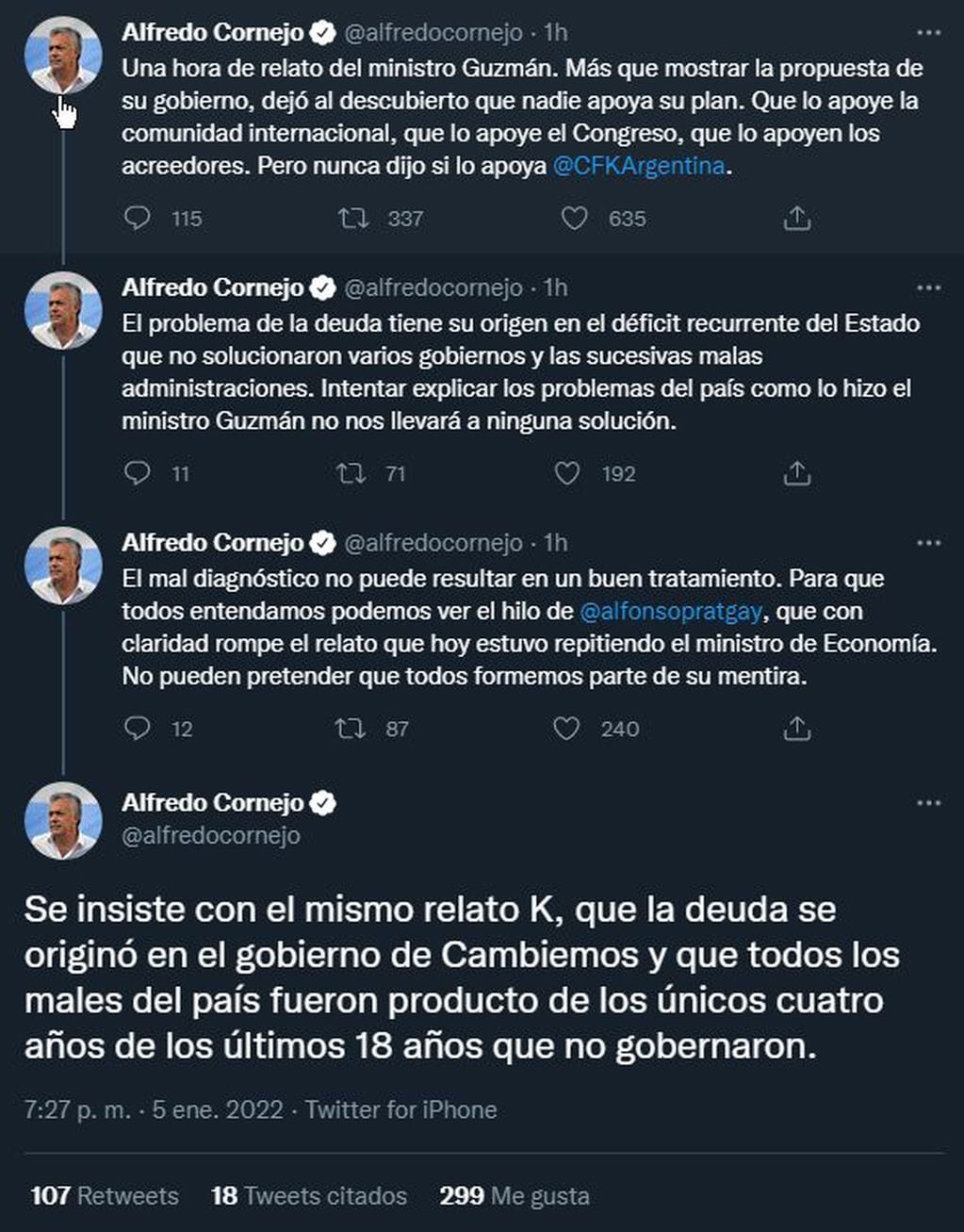 Vía Twitter, el senador nacional Alfredo Cornejo criticó la exposición del ministro de Economía, Martín Guzmán.