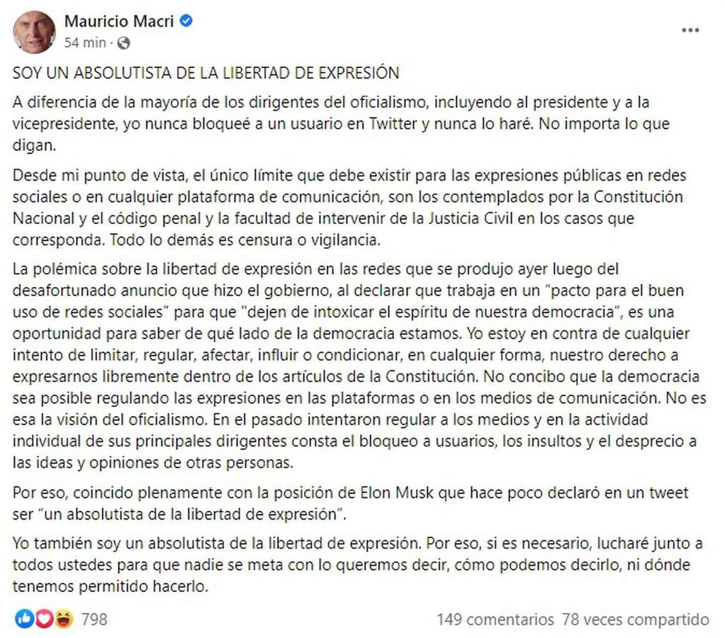 Carta de Mauricio Macri en Facebook. Allí se define como un "absolutista de la libertad de expresión".