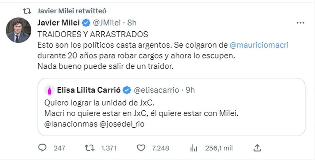 Javier Milei defendió a Mauricio Macri de los dichos de Elisa Carrió (Twitter)