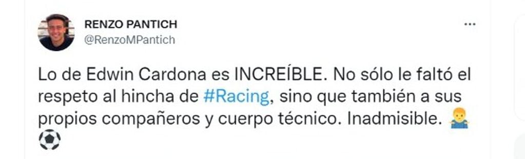 Los fans de Racing se expresaron en Twitter sobre Cardona