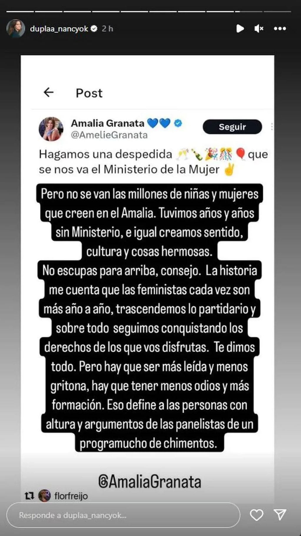 Nancy Duplaá contra los dichos de Amalia Granata. Captura: Instagram / @duplaa_nancyok