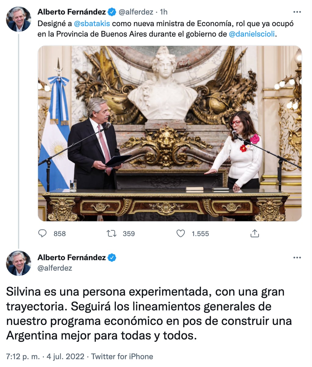 El presidente Alberto Fernández compartió un mensaje en sus redes tras la jura de Silvina Batakis como ministra de Economía.