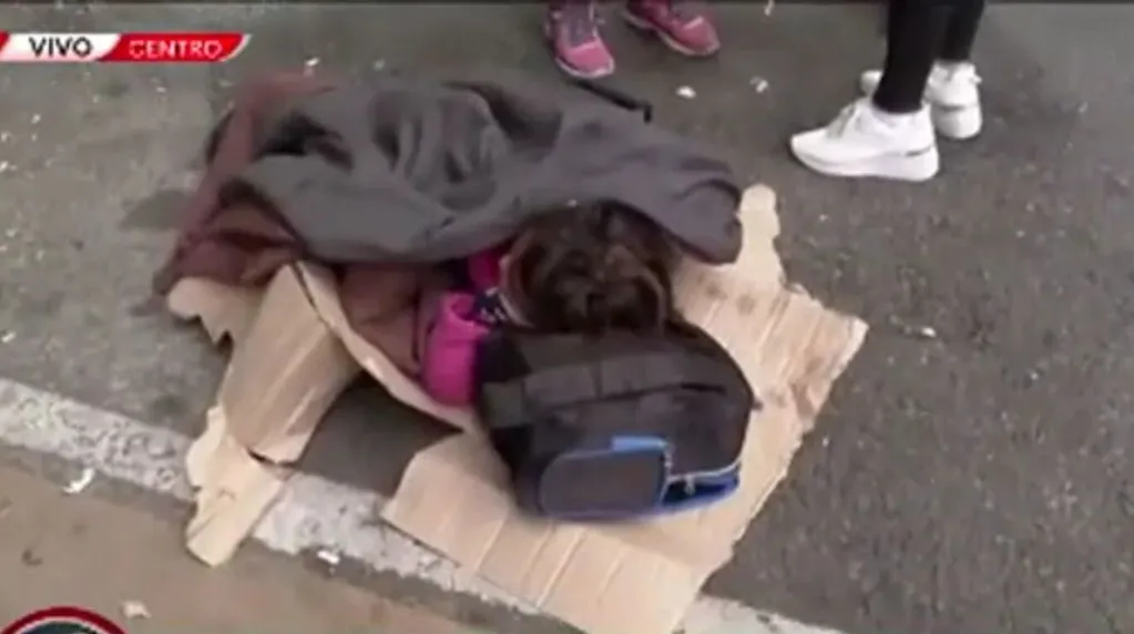 La mujer acudió a la movilización junto a su marido y su hija, quien durmió sobre un cartón en medio del piquete (Captura TN).