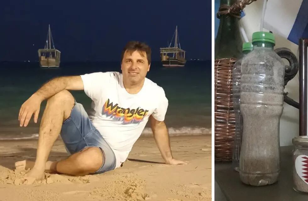 Un hombre vende botellas con arena de Qatar que “pudo haberla pisado Messi”.