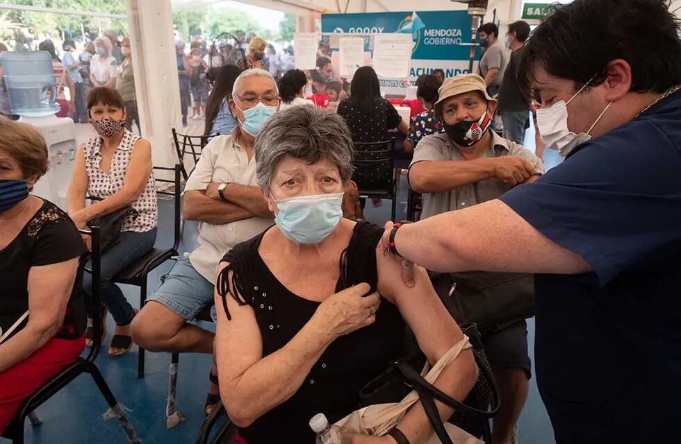 Vacunatorio de Campaña en el Parque Benegas de Godoy Cruz, con alta demanda de vacunación contra el Covid.