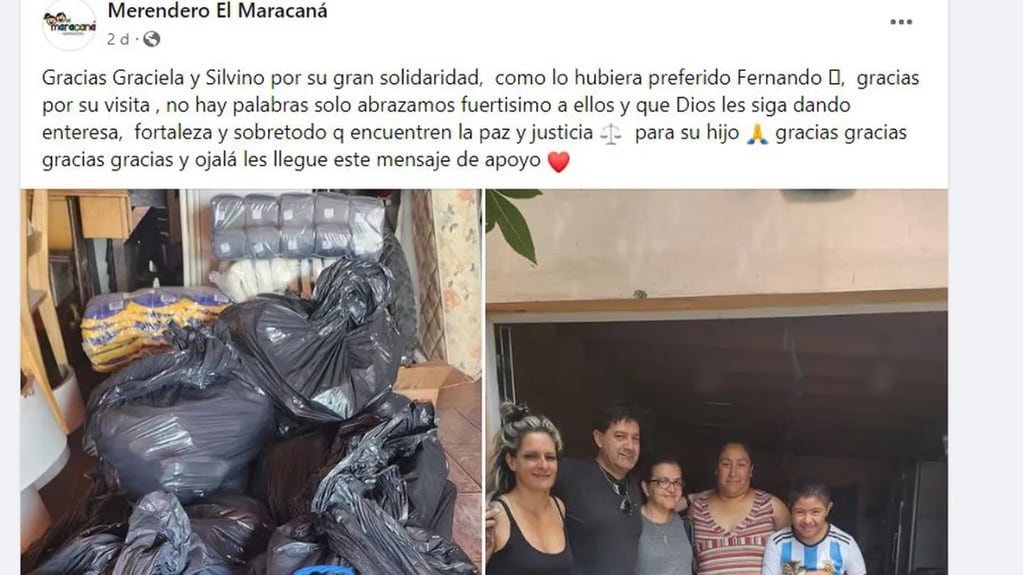 En el posteo del merendero agradecieron  a Silvino y Graciela, los papás de Fernando Báez Sosa, por las donaciones que recibieron. Gentileza:Foto: captura de Facebook).