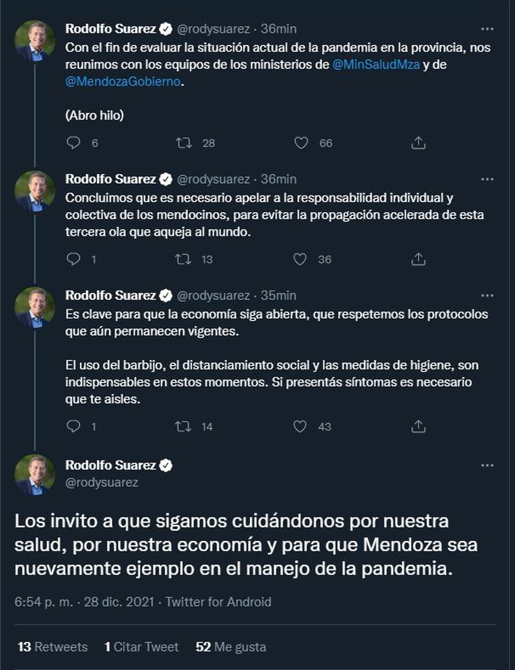 Este es el mensaje que publicó el gobernador Rodolfo Suárez en su cuenta de Twitter.