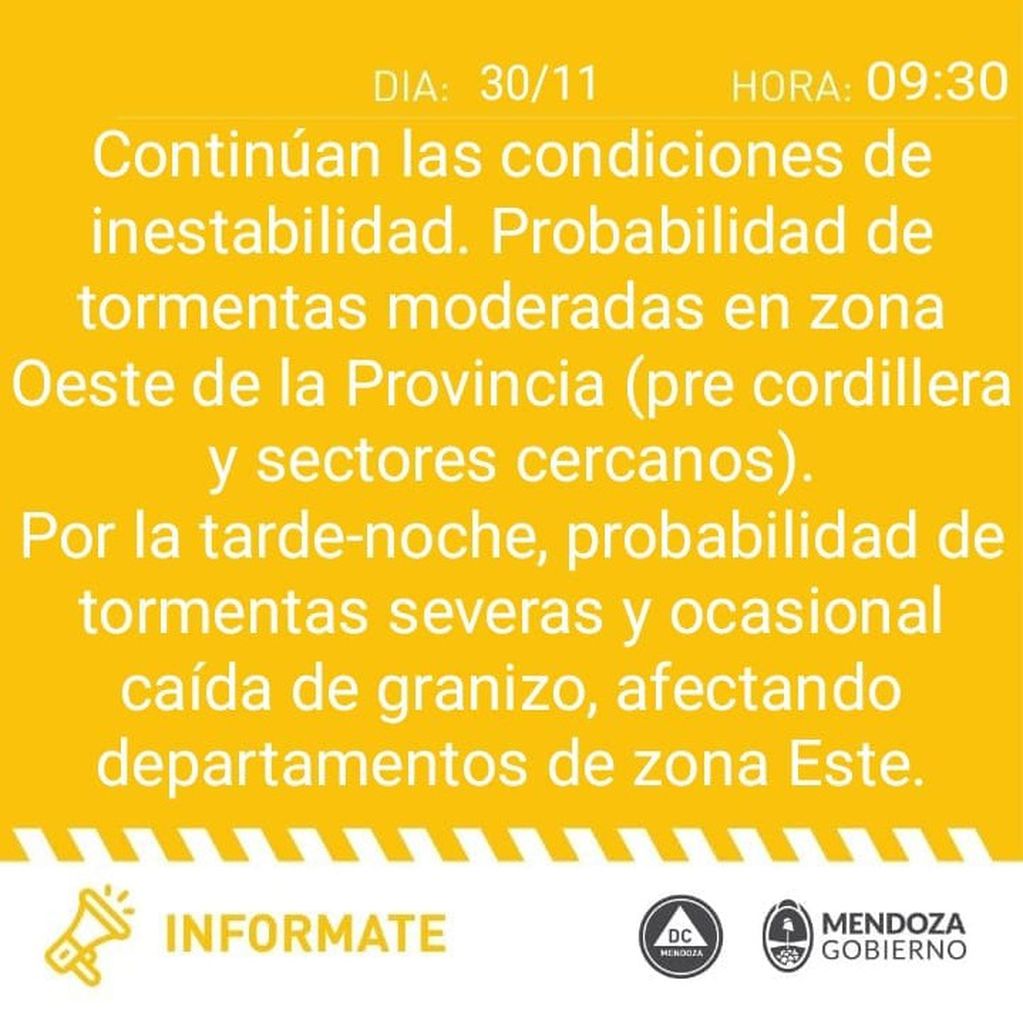 Defensa Civil emitió alerta amarilla por tormentas en Mendoza (30/11/22)
