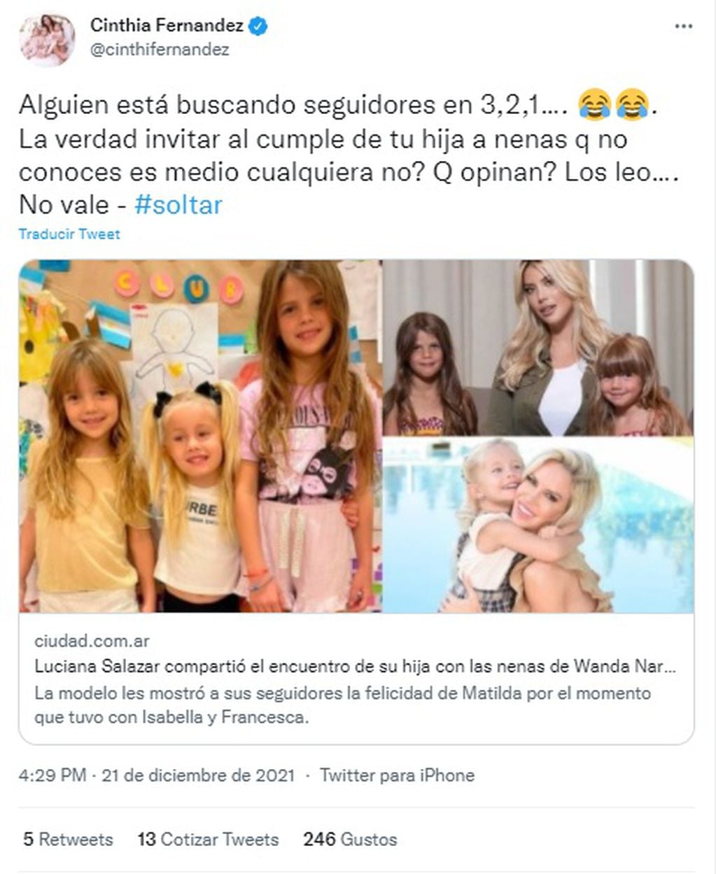 Cinthia Fernández disparó contra Luciana Salazar por hacer posar a su hija con las de Wanda Nara