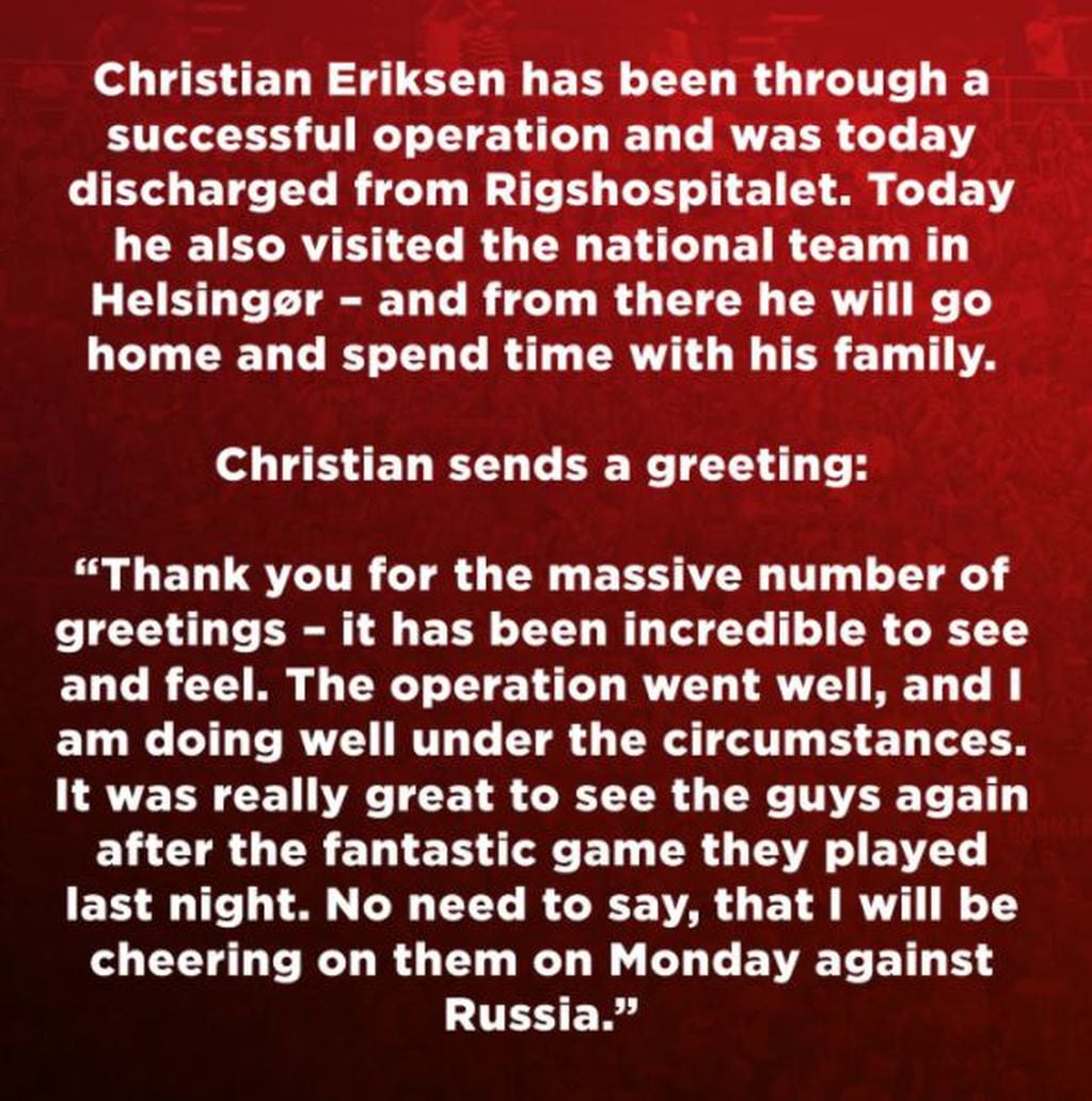 Christian Eriksen fue operado y dado de alta.