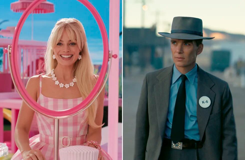 Esta combinación de imágenes muestra a Margot Robbie en una escena de "Barbie", a la izquierda, y a Cillian Murphy en una escena de "Oppenheimer". (Warner Bros Pictures/Universal Pictures vía AP)