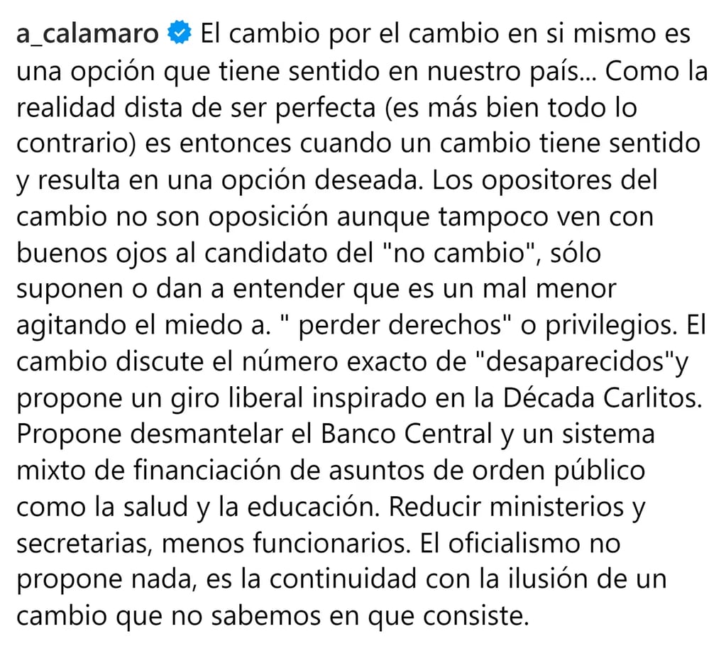 Andrés Calamaro se pronunció a favor de Javier Milei de cara al balotaje. Gentileza: Captura Instagram/a_calamaro.