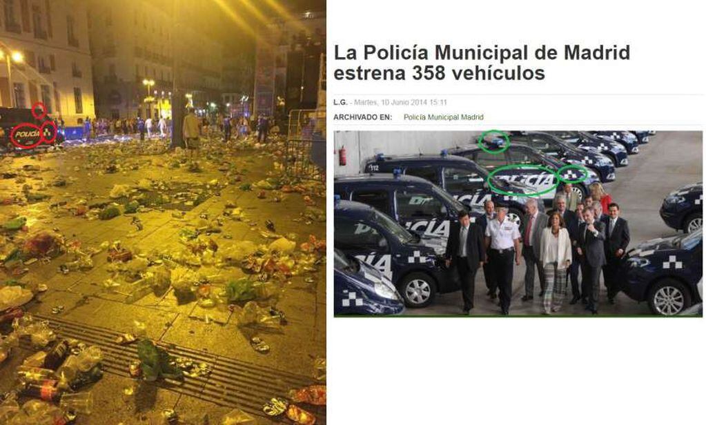 
Montaje realizado el 16 de septiembre de 2019 con la imagen que se viralizó en redes (izq) y los vehículos de la Policía de Madrid (der)
