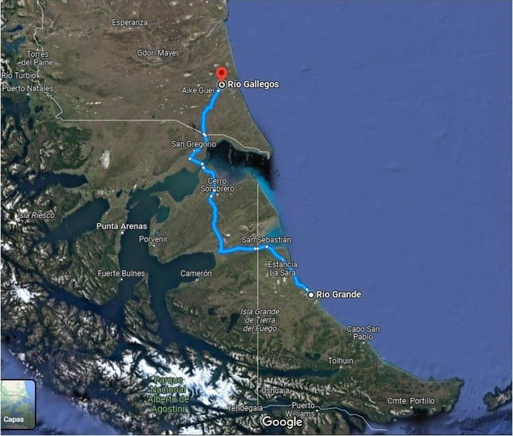 Esta es la ruta que suelen hacer los camiones que se dirigen desde Santa Cruz hasta Tierra del Fuego.