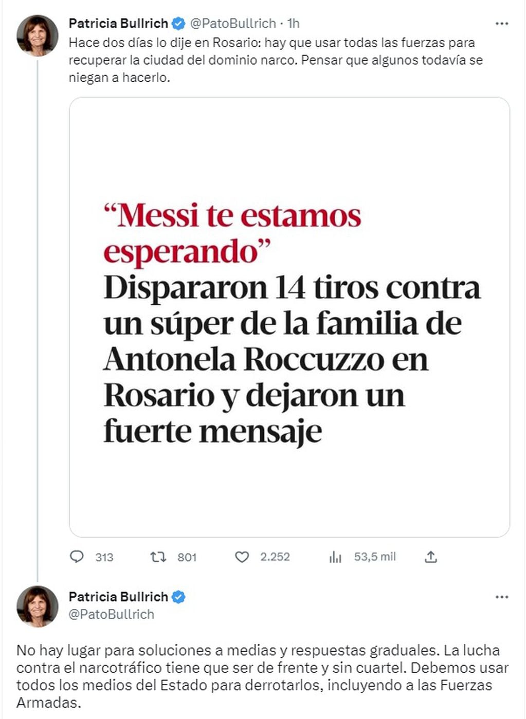 El mensaje de Bullrich tras el ataque al supermercado de los suegros de Lionel Messi en Rosario (Twitter)