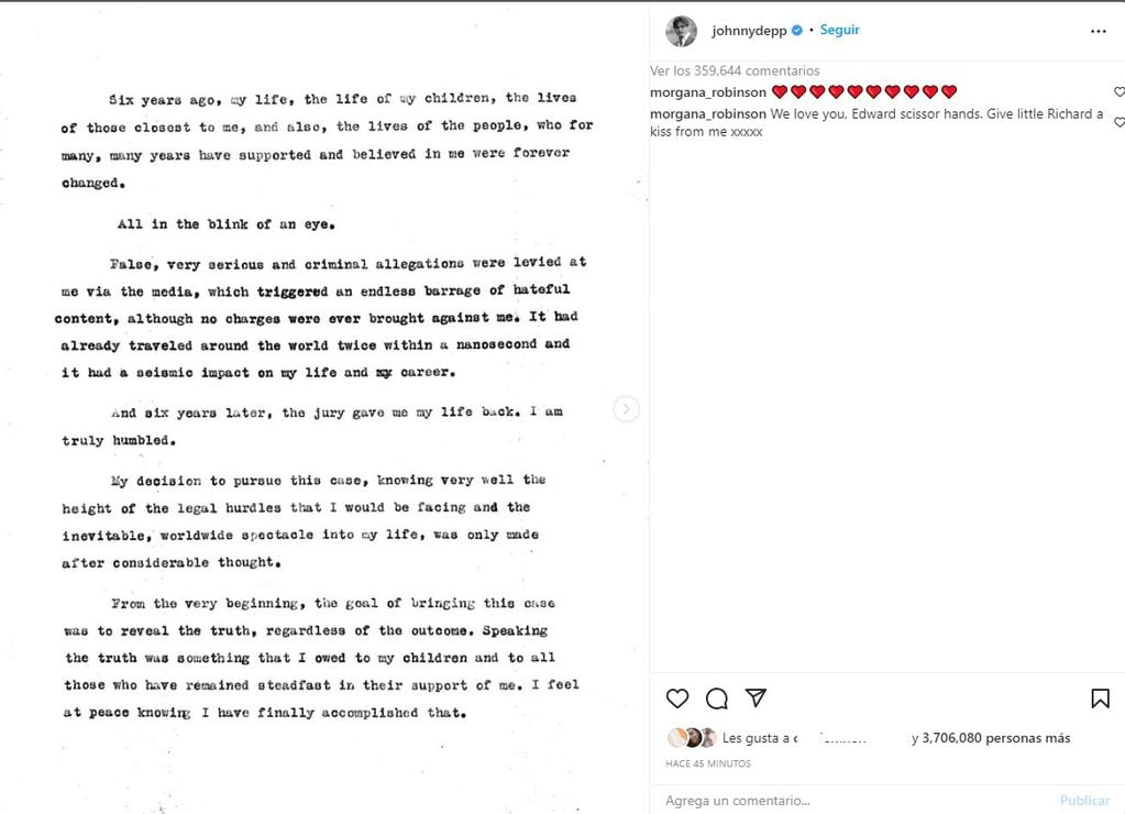 Johnny Depp publicó un comunicado en redes tras el veredicto.