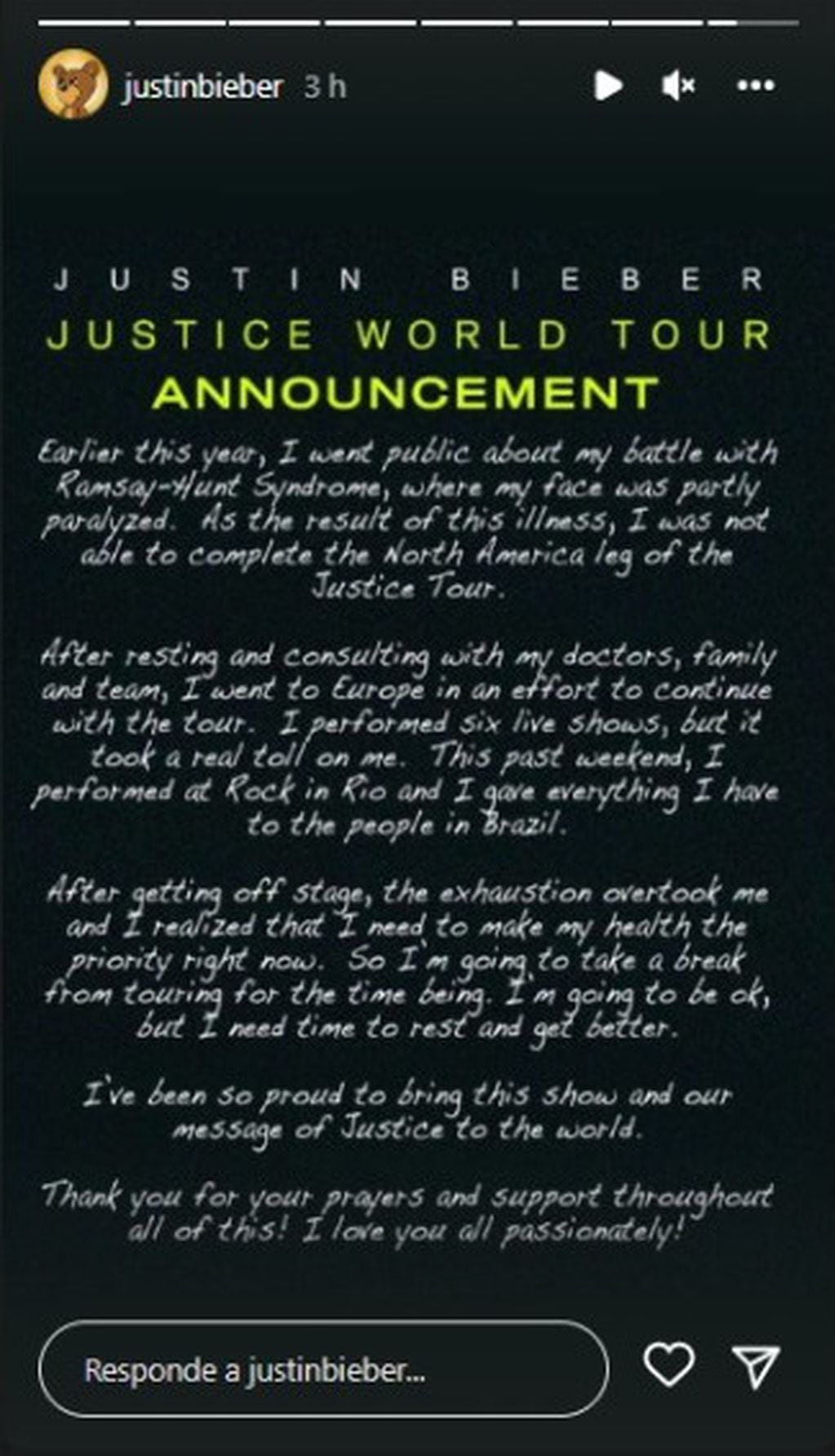 Justin Bieber comunicó por Instagram la suspensión de su gira / Instagram