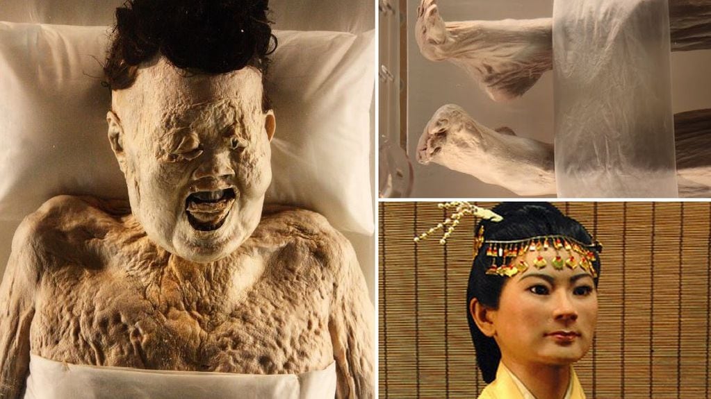 La momia de Lady Dai. Abajo a la derecha, la recreación de cómo era físicamente la mujer. / 