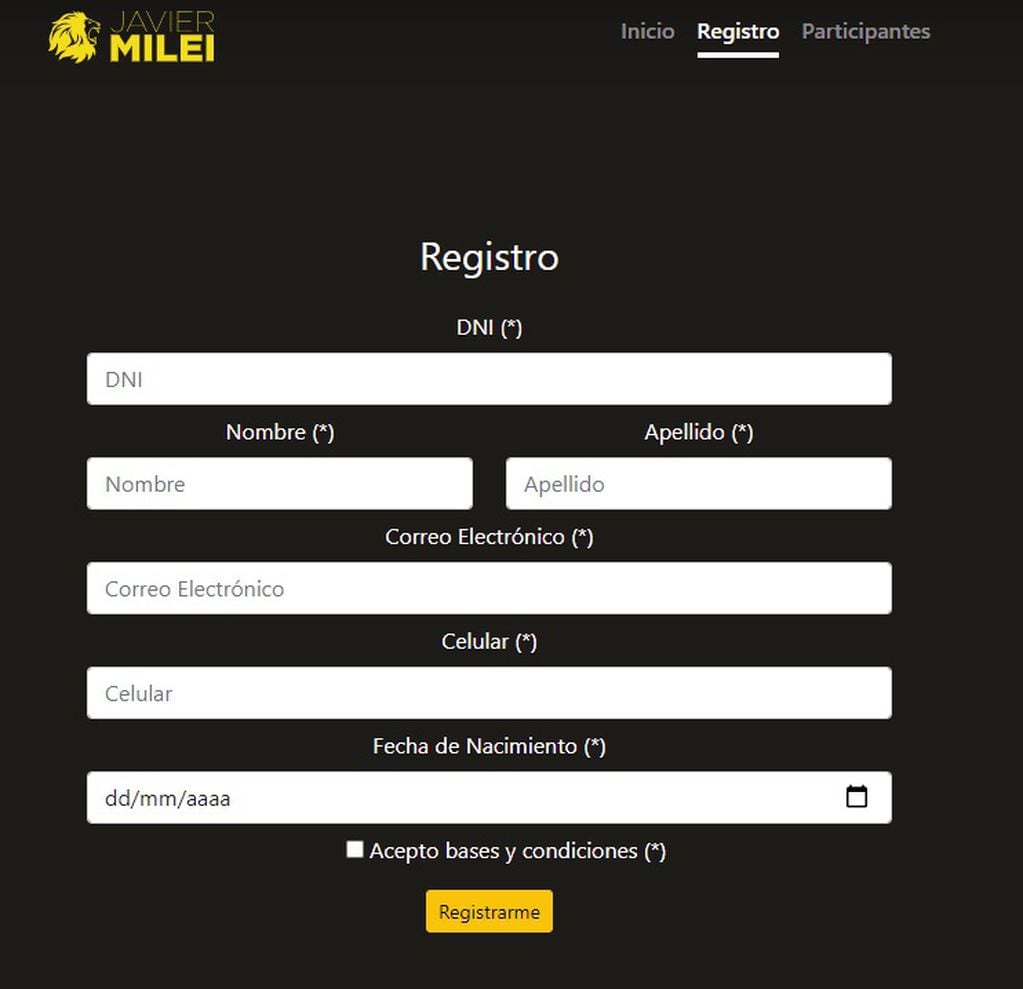 Registro online para el sorteo de Javier Milei 