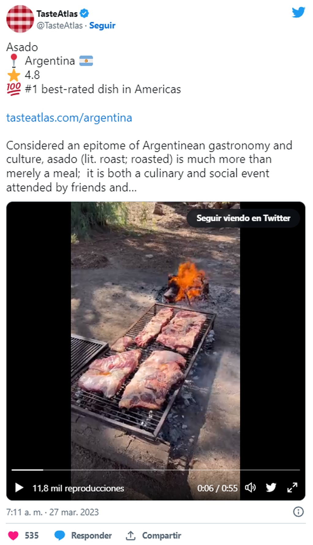 Taste Atlas anunció el triunfo del asado argentino junto a la canción de Yerba Brava. Foto: Twitter/@TasteAtlas