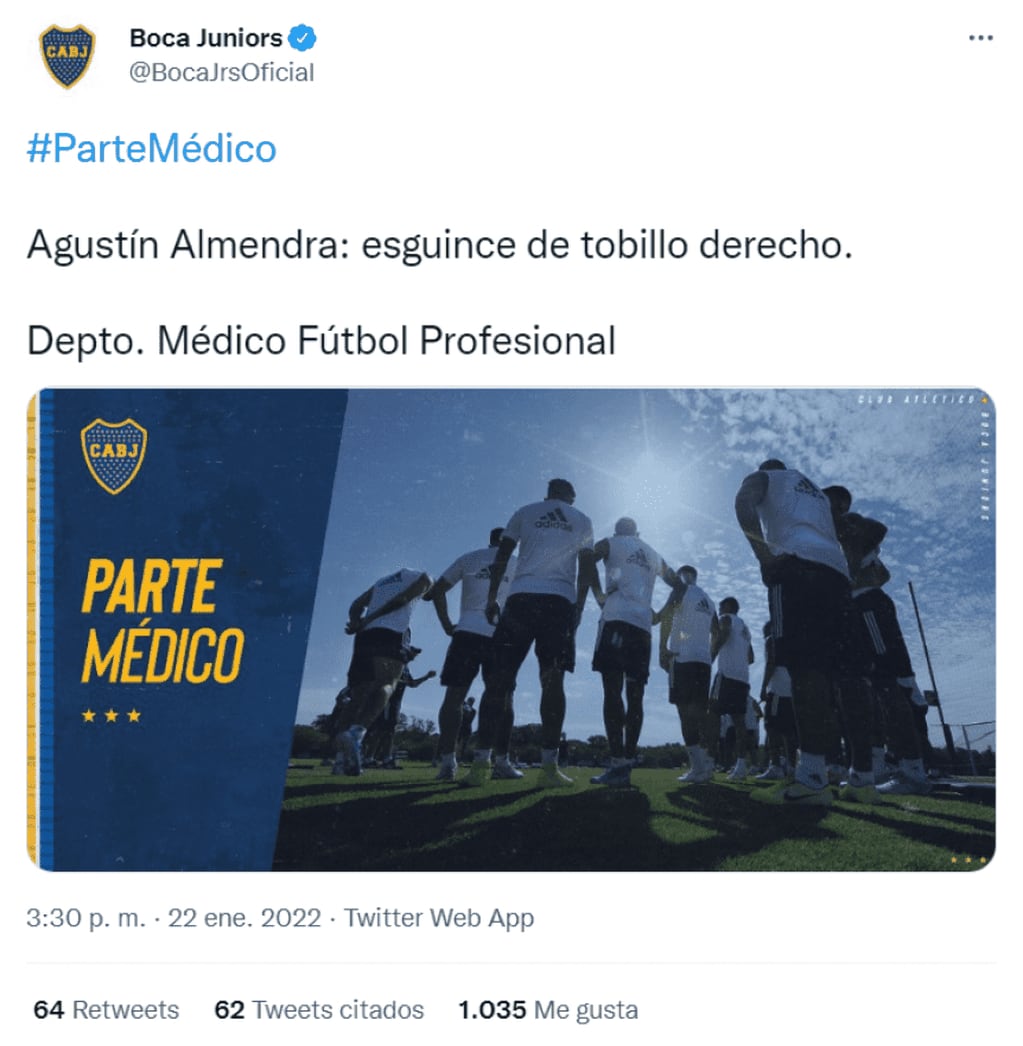 El parte médico de Agustín Almendra. / @BocaJrsOficial