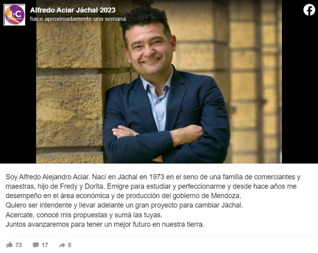 El posteo en Facebook de la fanpage Alfredo Aciar Jáchal 2023